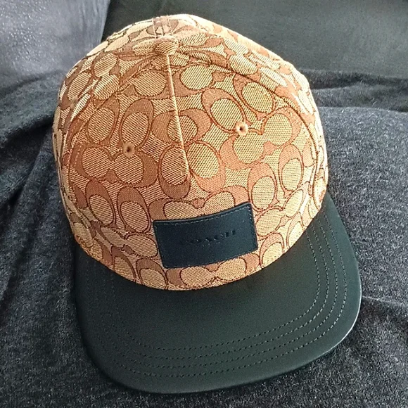 Coach Baseball Cap Hat Canvas Tan Brown & Black Leather - Picture 1 of 7